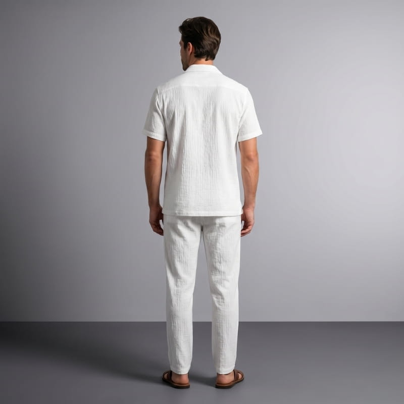 Paolo Crinkle Linen Two-Piece Set – V-Neck Wrap Top Drawstring Tapered Trouser Casual Outfit