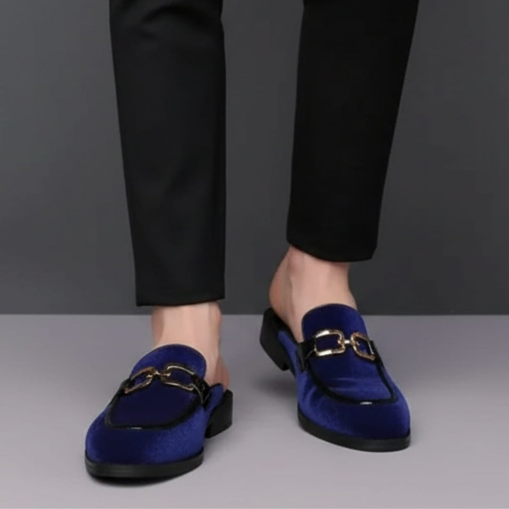 Eric Velvet Mule Loafers – Backless Almond Toe Slip-On Shoes with Metal Detail