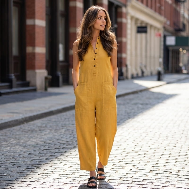 Tanya Linen Sleeveless Jumpsuit – Mandarin Collar Patch Pocket Relaxed Wide Leg Casual Outfit