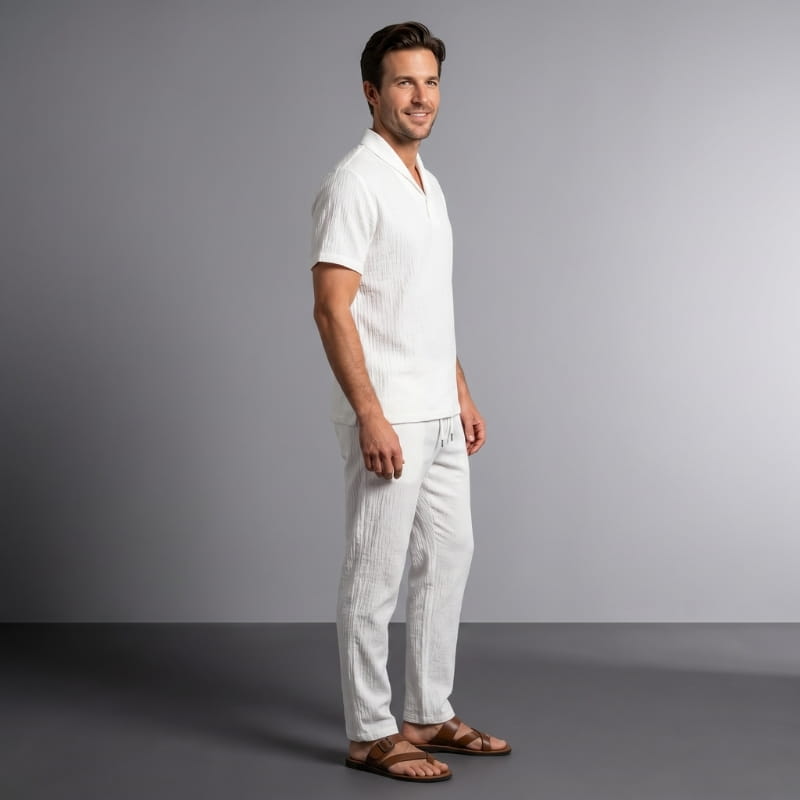 Paolo Crinkle Linen Two-Piece Set – V-Neck Wrap Top Drawstring Tapered Trouser Casual Outfit