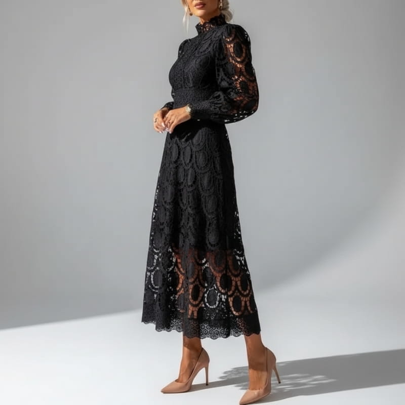 Fatima Lace  High Neck Sheer Sleeve Midi Dress – Elegant Fitted Occasion Gown