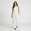 Fiora Linen Two-Piece Set – Halter Neck Lace Trim Top Wide Leg Trouser Elegant Resort Outfit