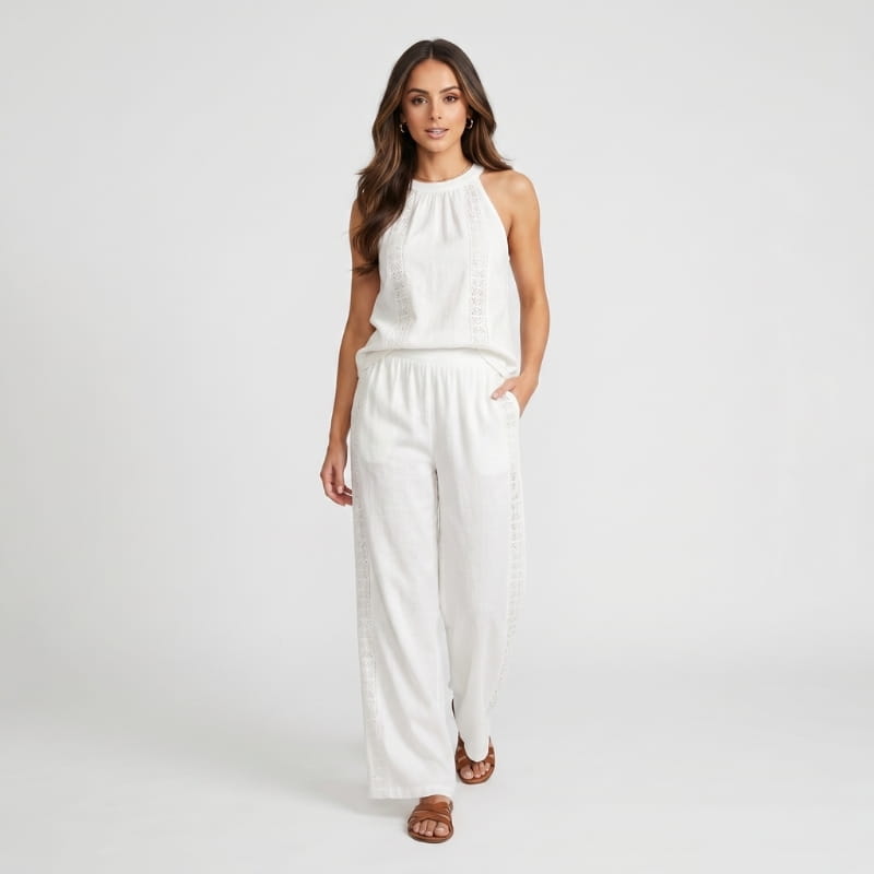 Fiora Linen Two-Piece Set – Halter Neck Lace Trim Top Wide Leg Trouser Elegant Resort Outfit