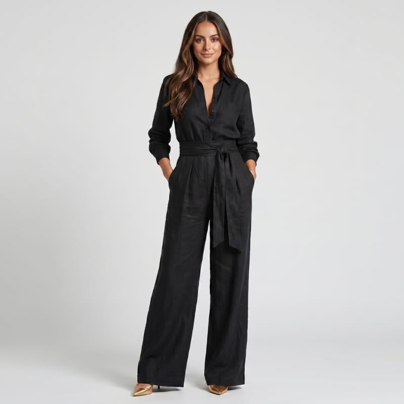 Jessy Linen Wide Leg Jumpsuit – Shirt Collar Self-Tie Belt Long Sleeve Elegant Casual Outfit