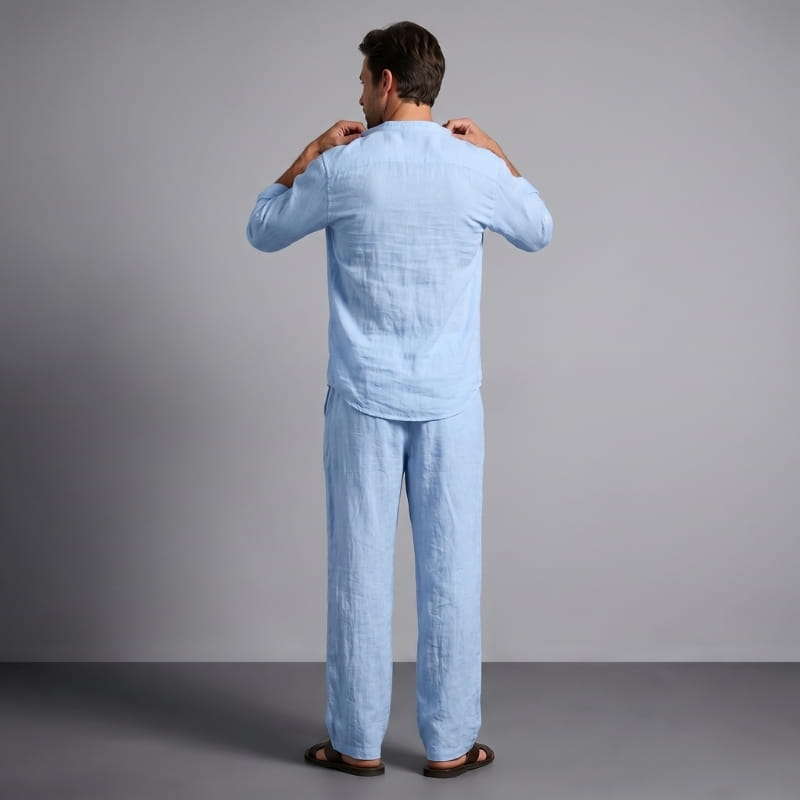 Felix Linen Two-Piece Set – Band Collar Shirt Wide Leg Elastic Waist Relaxed Casual Outfit
