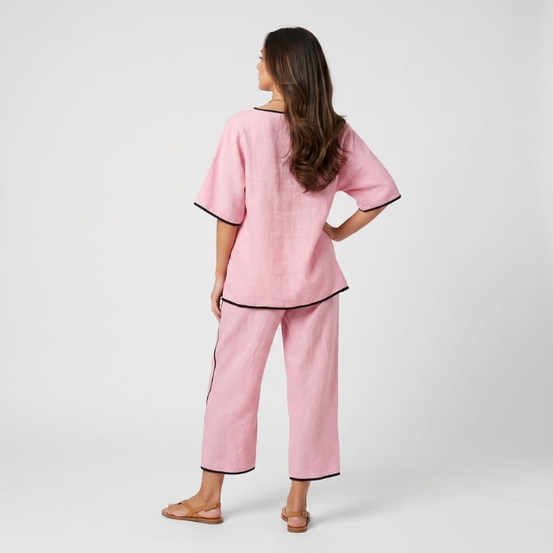 Alona Contrast Trim Linen Two-Piece Set – Round Neck Oversized Top Cropped Wide Leg Outfit