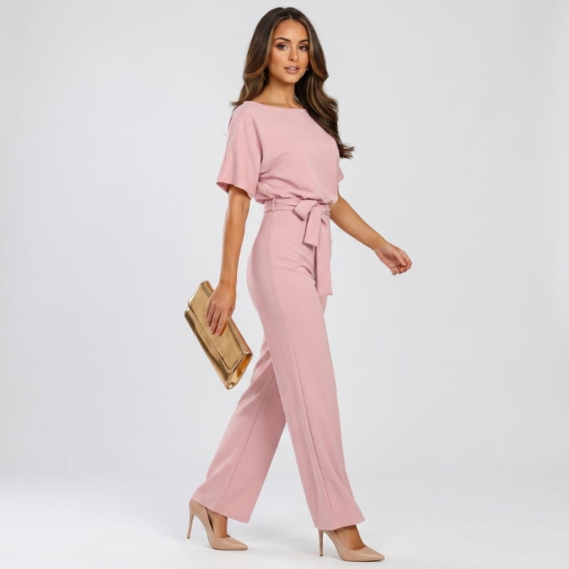 Nadia Woven Wide Leg Jumpsuit – Bateau Neck Dolman Sleeve Self-Tie Belt Elegant Occasion Outfit