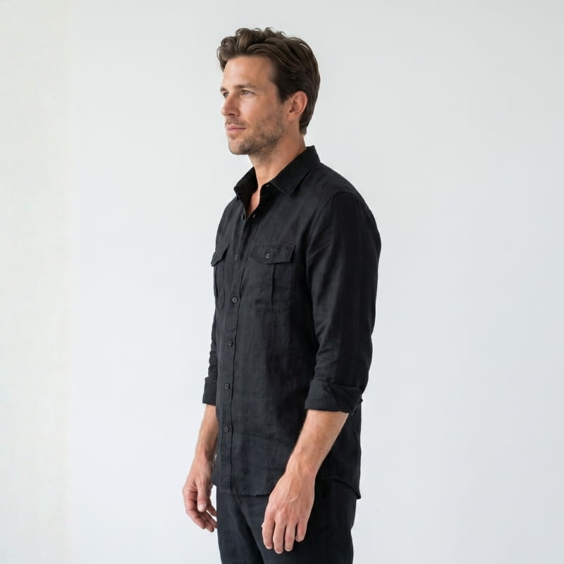 Harold Cotton Linen Utility Shirt – Double Chest Pocket Point Collar Long Sleeve Casual Top