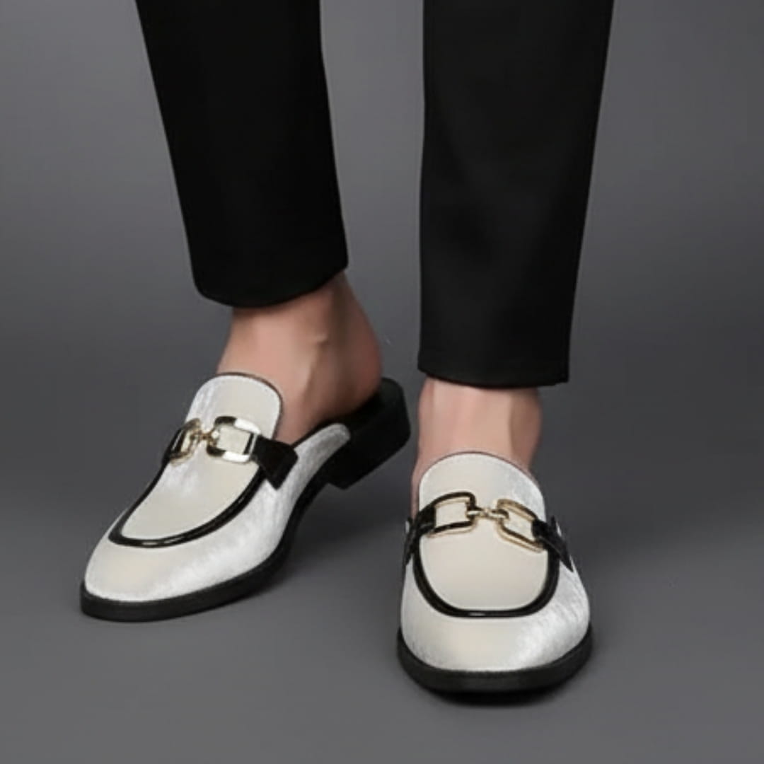 Eric Velvet Mule Loafers – Backless Almond Toe Slip-On Shoes with Metal Detail