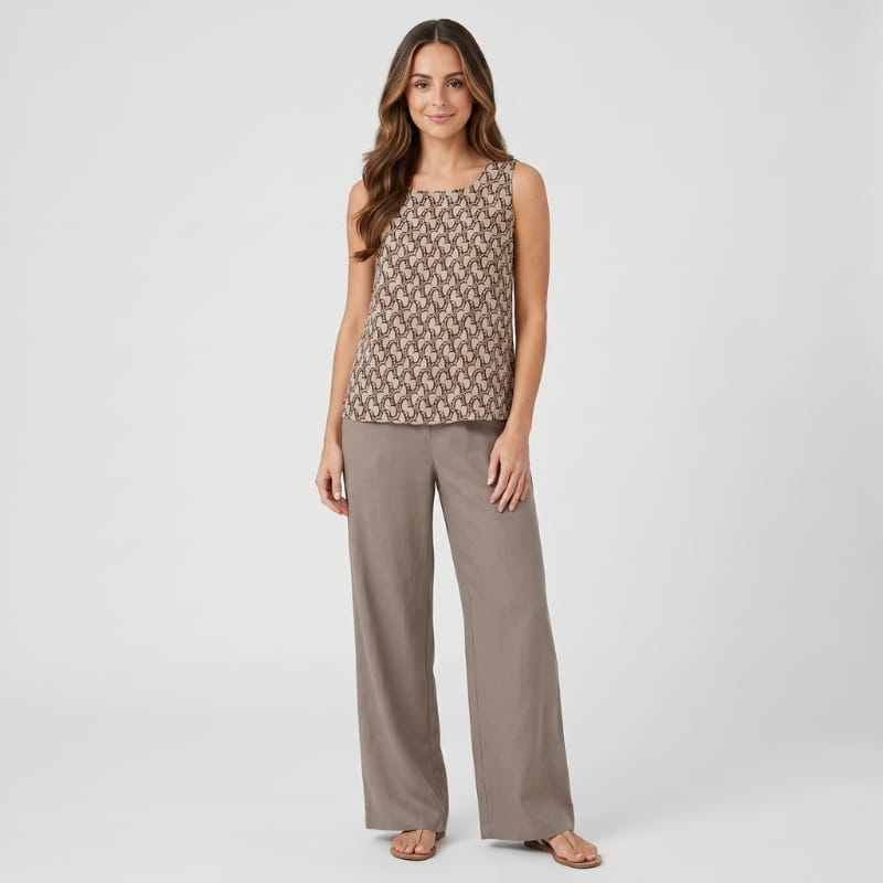 Anne Striped Linen Two-Piece Set – Square Neck Sleeveless Top Wide Leg Trouser Casual Outfit