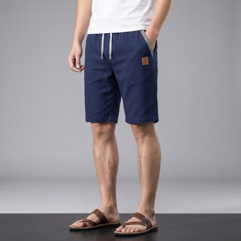 Flavio Cotton Linen Shorts – Elastic Waist Drawstring Stripe Detail Casual Summer Trousers