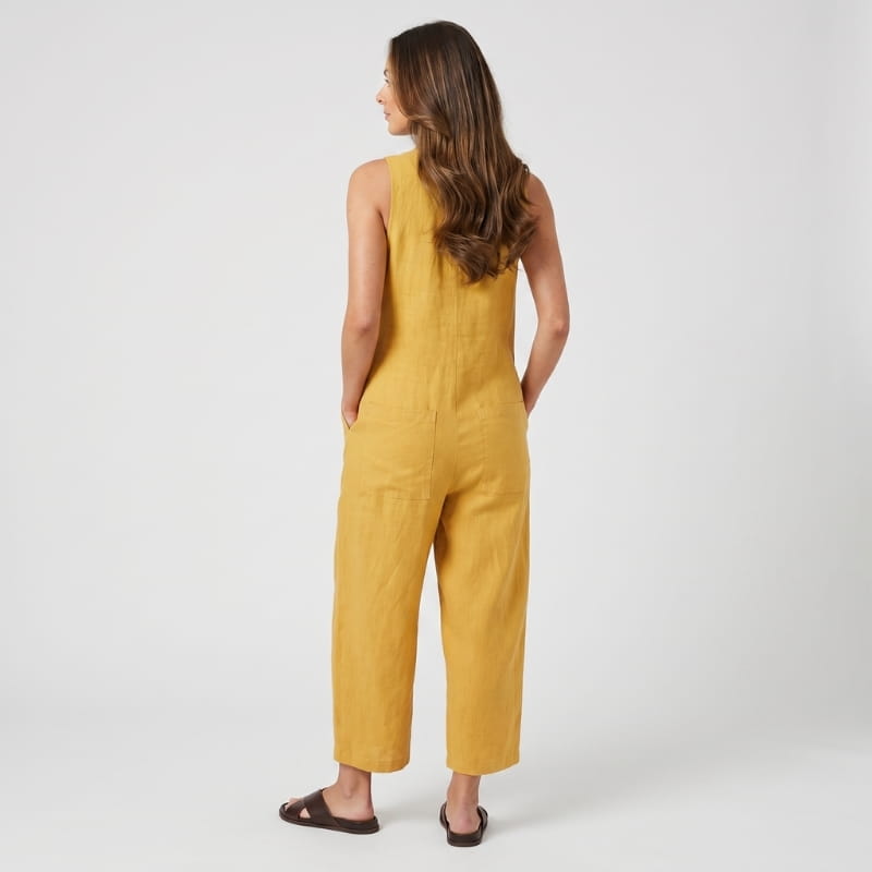 Tanya Linen Sleeveless Jumpsuit – Mandarin Collar Patch Pocket Relaxed Wide Leg Casual Outfit