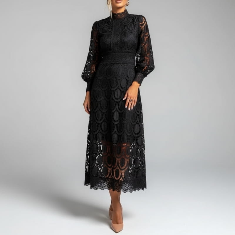Fatima Lace  High Neck Sheer Sleeve Midi Dress – Elegant Fitted Occasion Gown