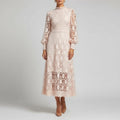 Fatima Lace  High Neck Sheer Sleeve Midi Dress – Elegant Fitted Occasion Gown