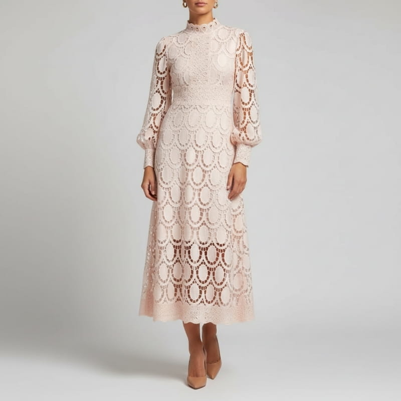 Fatima Lace  High Neck Sheer Sleeve Midi Dress – Elegant Fitted Occasion Gown