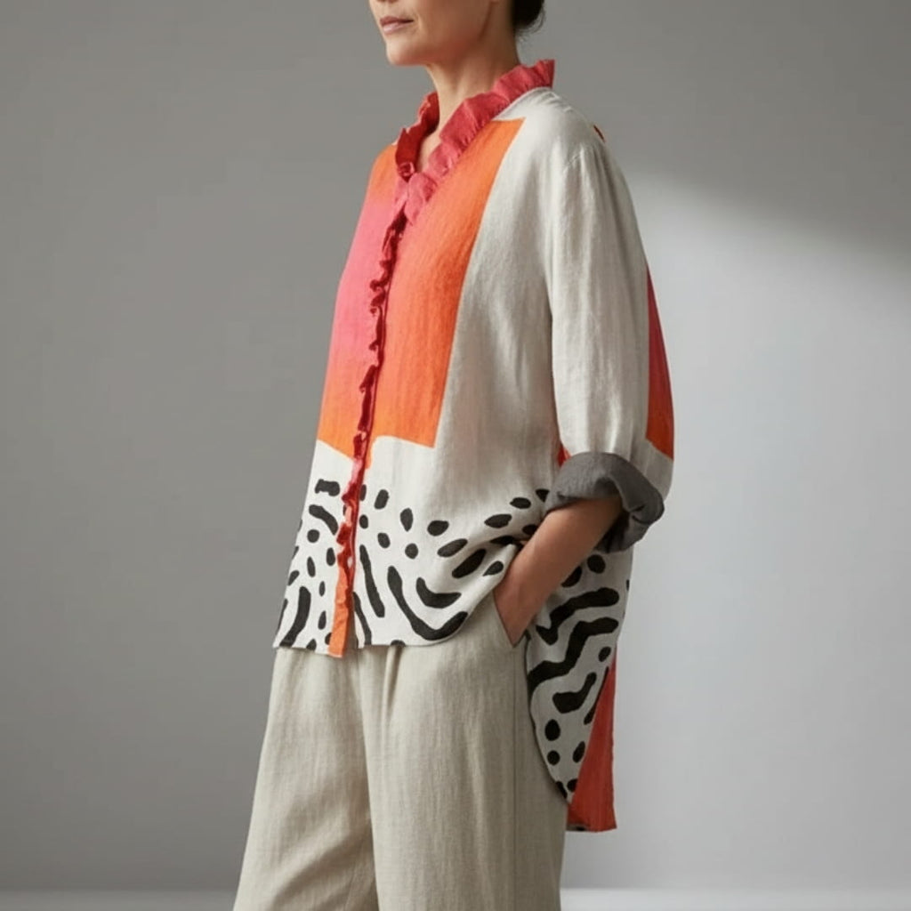 Maricel Abstract Print Ruffle V-Neck Blouse – Elegant Relaxed Draped Top