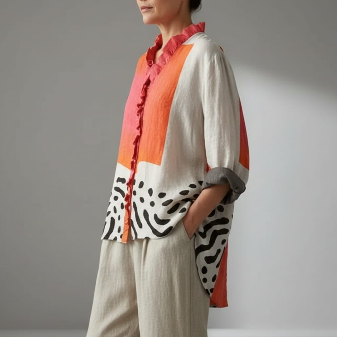 Maricel Abstract Print Ruffle V-Neck Blouse – Elegant Relaxed Draped Top