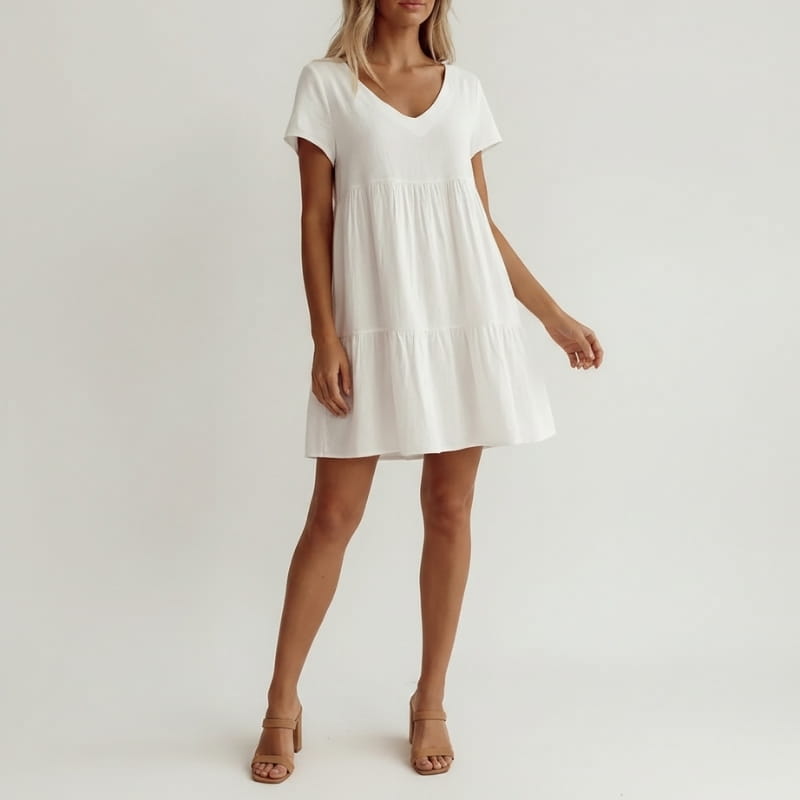 Isla Cotton Blend V-Neck Tiered Tunic Dress – Relaxed Flowy Summer Silhouette