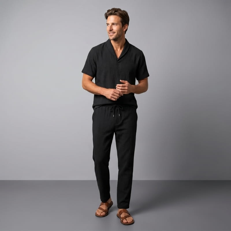 Paolo Crinkle Linen Two-Piece Set – V-Neck Wrap Top Drawstring Tapered Trouser Casual Outfit