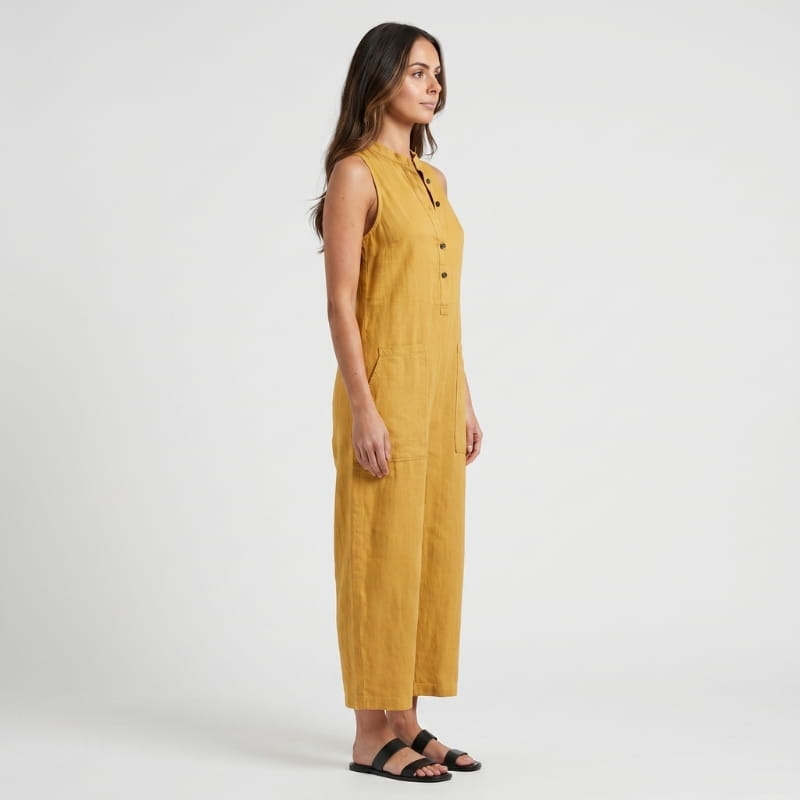 Tanya Linen Sleeveless Jumpsuit – Mandarin Collar Patch Pocket Relaxed Wide Leg Casual Outfit