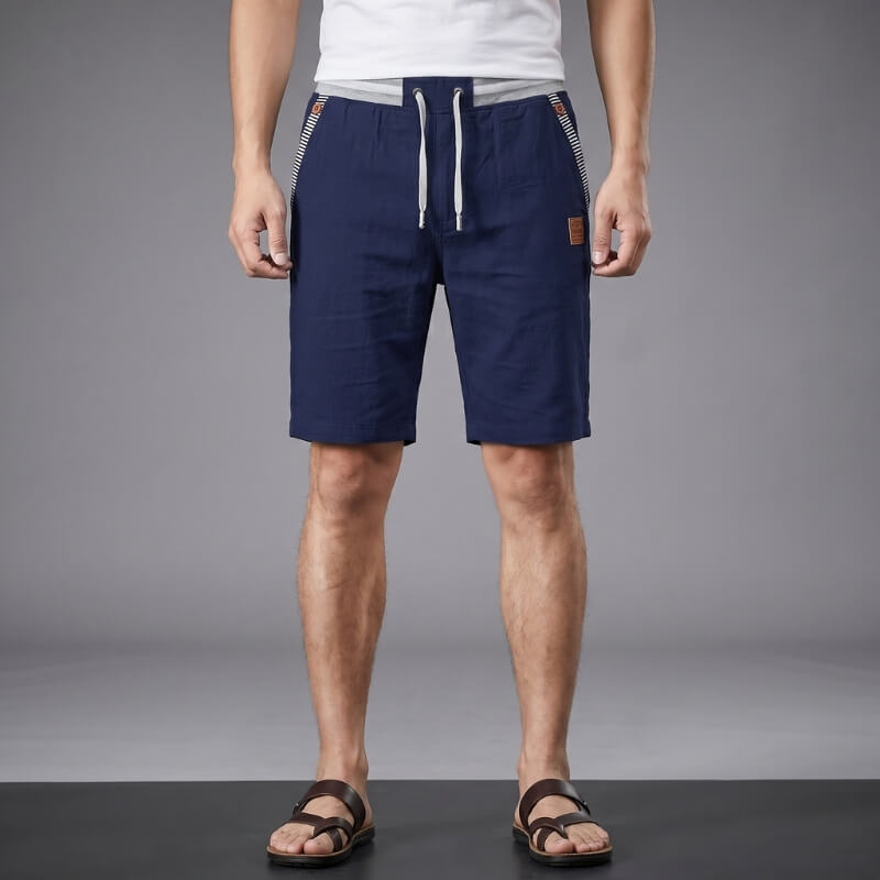 Flavio Cotton Linen Shorts – Elastic Waist Drawstring Stripe Detail Casual Summer Trousers