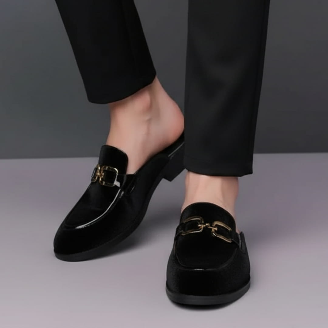 Eric Velvet Mule Loafers – Backless Almond Toe Slip-On Shoes with Metal Detail