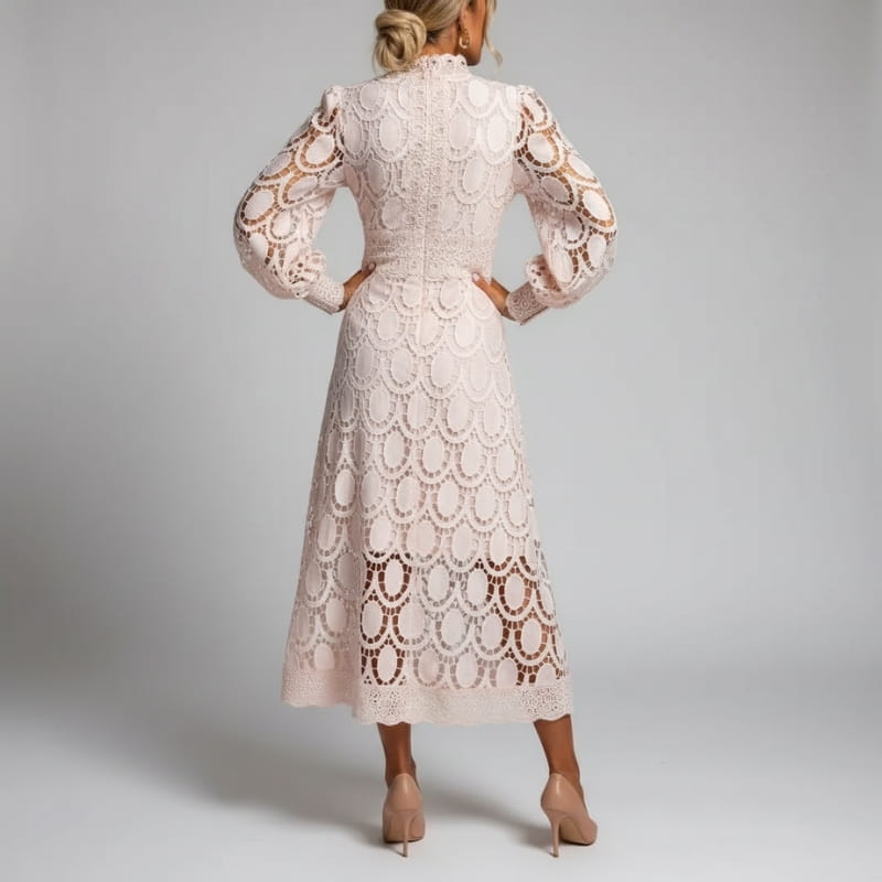 Fatima Lace  High Neck Sheer Sleeve Midi Dress – Elegant Fitted Occasion Gown