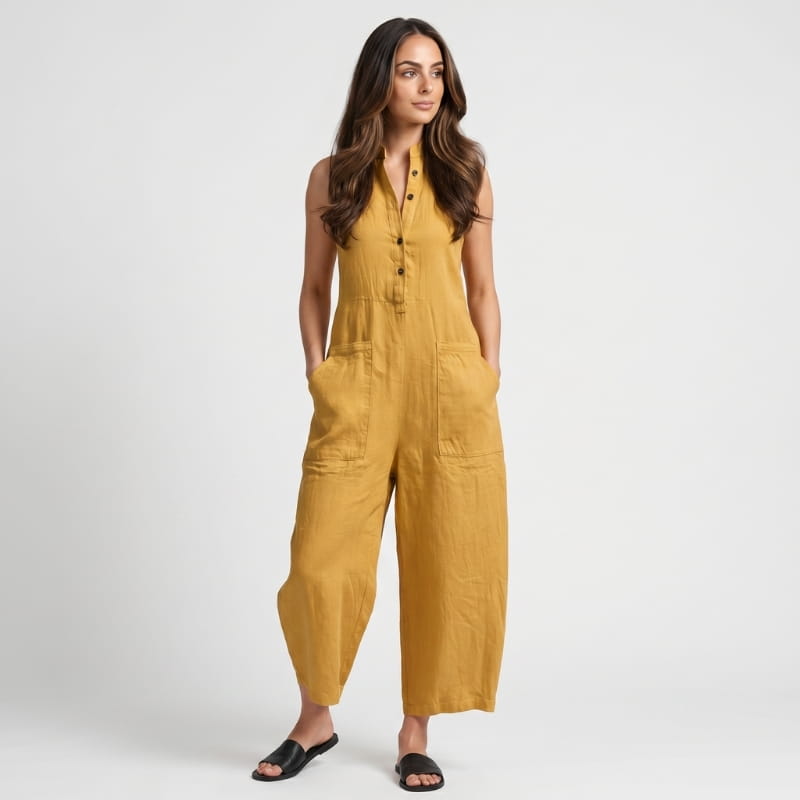 Tanya Linen Sleeveless Jumpsuit – Mandarin Collar Patch Pocket Relaxed Wide Leg Casual Outfit