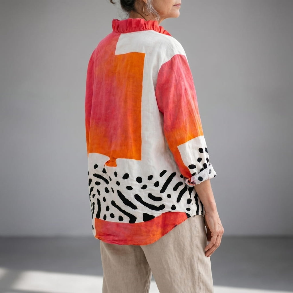 Maricel Abstract Print Ruffle V-Neck Blouse – Elegant Relaxed Draped Top