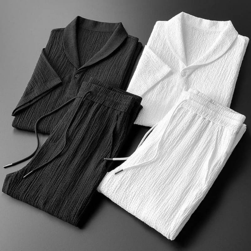 Paolo Crinkle Linen Two-Piece Set – V-Neck Wrap Top Drawstring Tapered Trouser Casual Outfit
