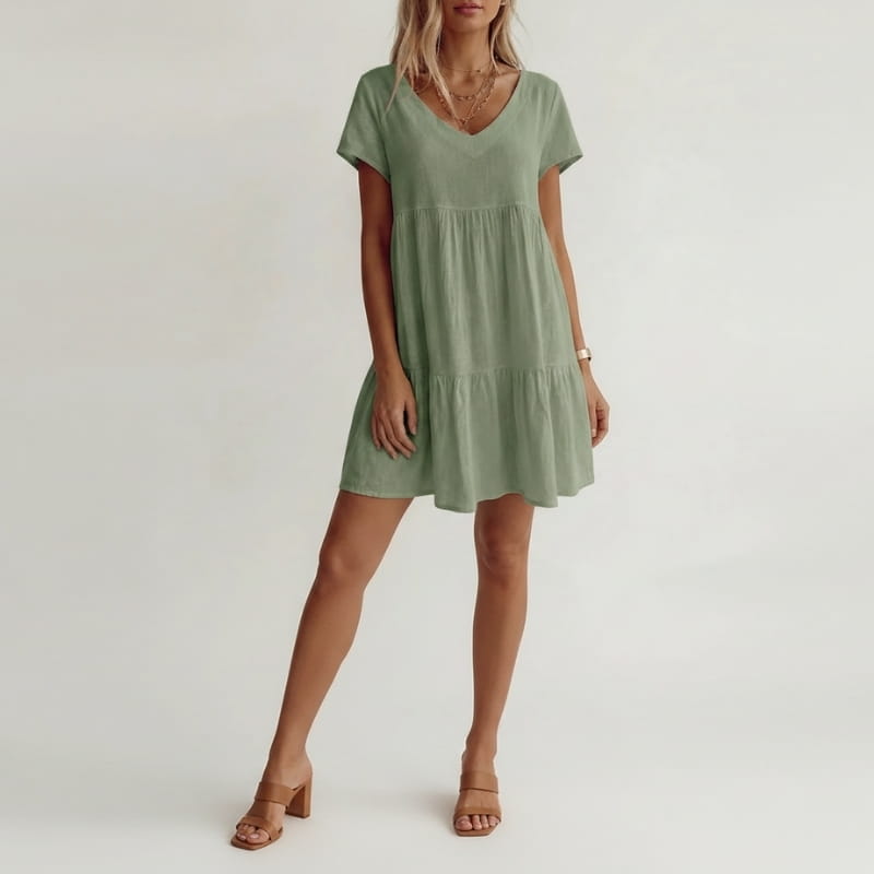 Isla Cotton Blend V-Neck Tiered Tunic Dress – Relaxed Flowy Summer Silhouette