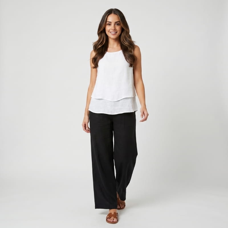 Anne Striped Linen Two-Piece Set – Square Neck Sleeveless Top Wide Leg Trouser Casual Outfit