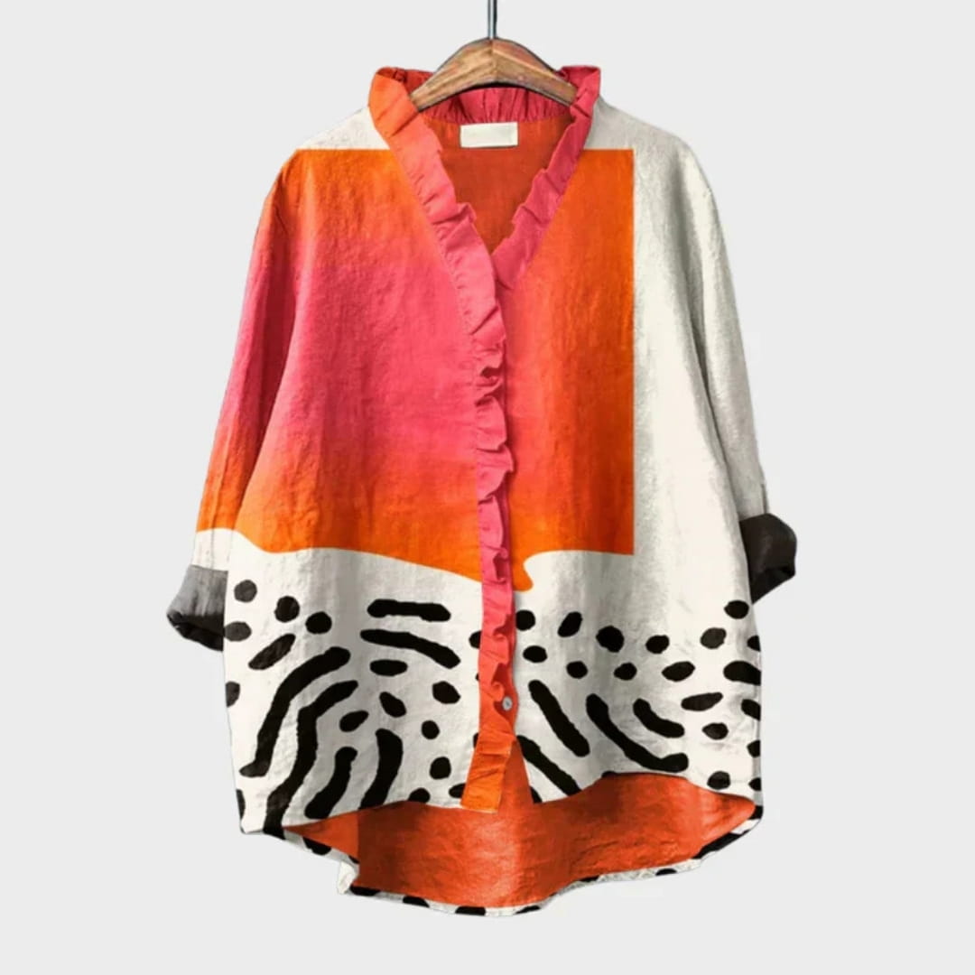 Maricel Abstract Print Ruffle V-Neck Blouse – Elegant Relaxed Draped Top