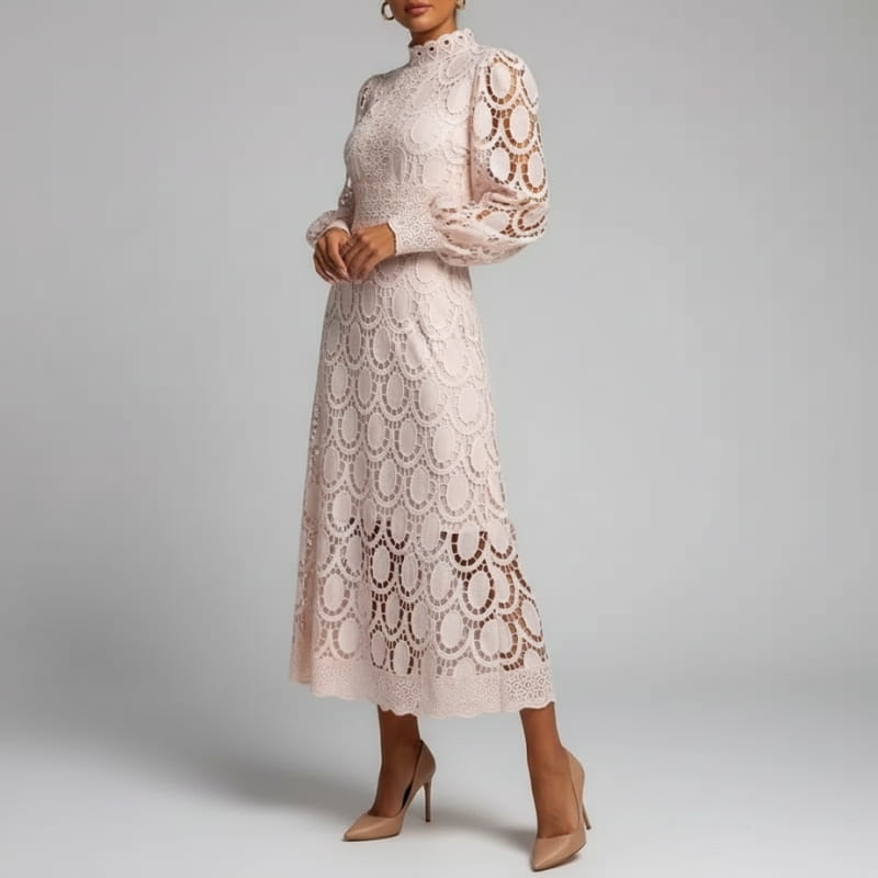 Fatima Lace  High Neck Sheer Sleeve Midi Dress – Elegant Fitted Occasion Gown