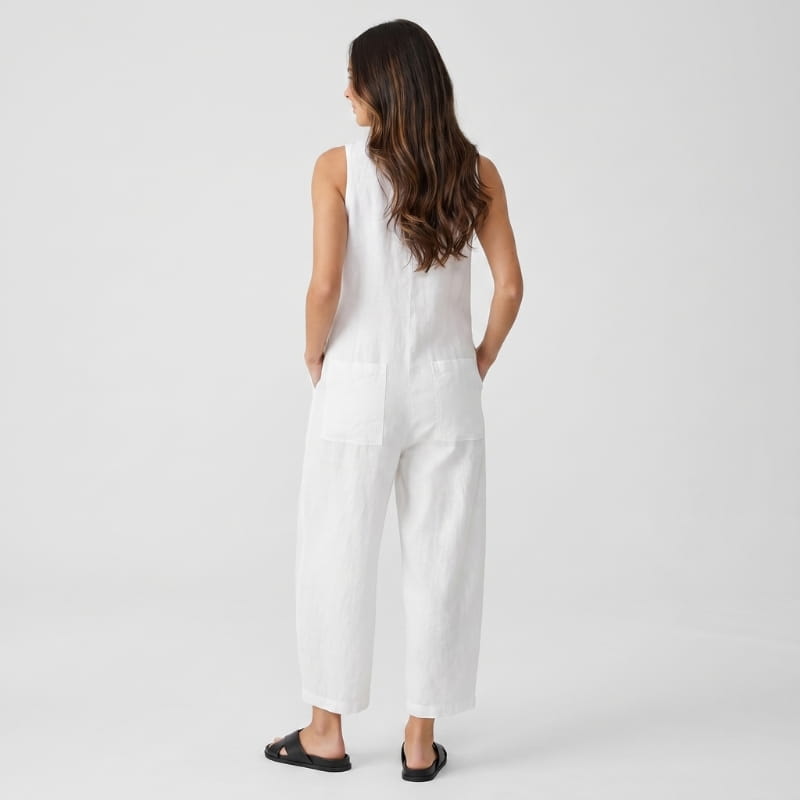 Tanya Linen Sleeveless Jumpsuit – Mandarin Collar Patch Pocket Relaxed Wide Leg Casual Outfit