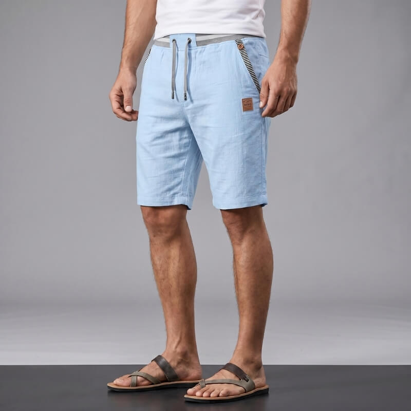 Flavio Cotton Linen Shorts – Elastic Waist Drawstring Stripe Detail Casual Summer Trousers