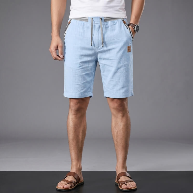 Flavio Cotton Linen Shorts – Elastic Waist Drawstring Stripe Detail Casual Summer Trousers