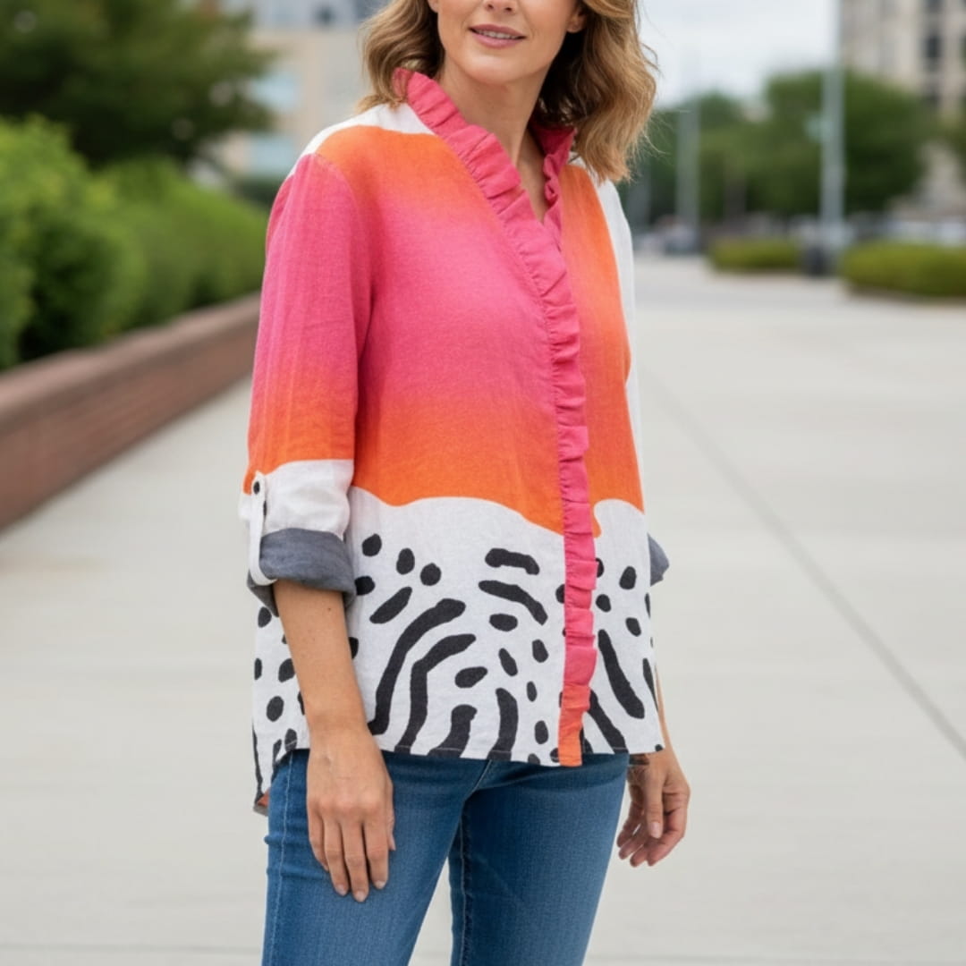 Maricel Abstract Print Ruffle V-Neck Blouse – Elegant Relaxed Draped Top
