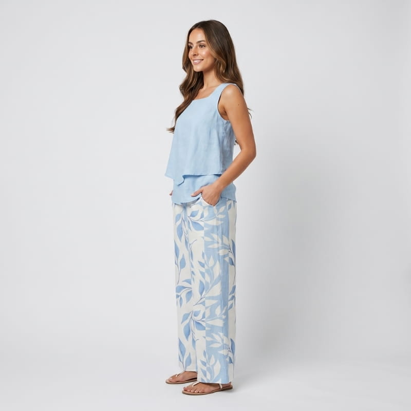 Anne Striped Linen Two-Piece Set – Square Neck Sleeveless Top Wide Leg Trouser Casual Outfit