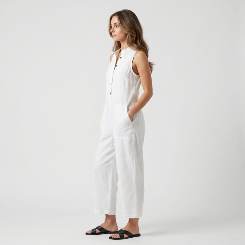 Tanya Linen Sleeveless Jumpsuit – Mandarin Collar Patch Pocket Relaxed Wide Leg Casual Outfit