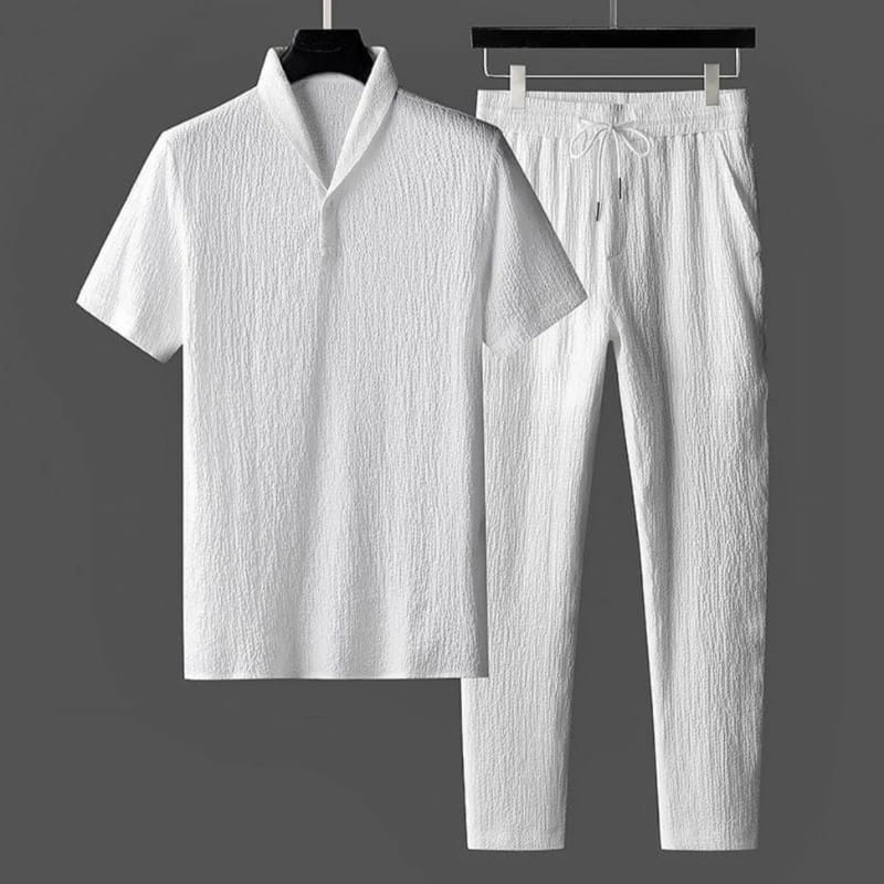 Paolo Crinkle Linen Two-Piece Set – V-Neck Wrap Top Drawstring Tapered Trouser Casual Outfit