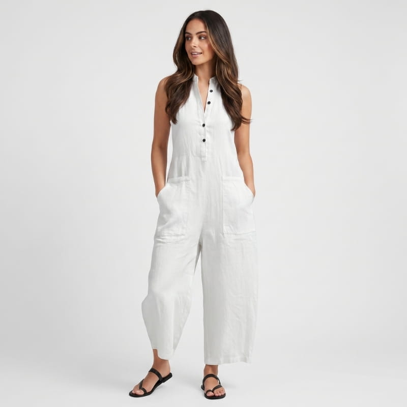 Tanya Linen Sleeveless Jumpsuit – Mandarin Collar Patch Pocket Relaxed Wide Leg Casual Outfit