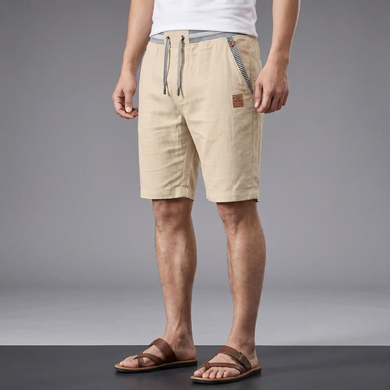 Flavio Cotton Linen Shorts – Elastic Waist Drawstring Stripe Detail Casual Summer Trousers