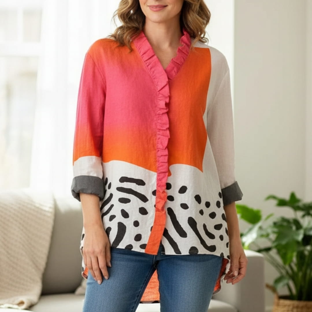 Maricel Abstract Print Ruffle V-Neck Blouse – Elegant Relaxed Draped Top