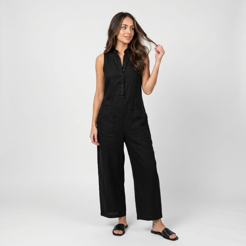Tanya Linen Sleeveless Jumpsuit – Mandarin Collar Patch Pocket Relaxed Wide Leg Casual Outfit