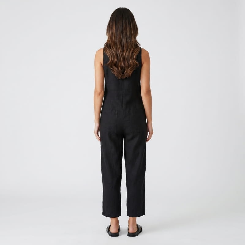 Tanya Linen Sleeveless Jumpsuit – Mandarin Collar Patch Pocket Relaxed Wide Leg Casual Outfit
