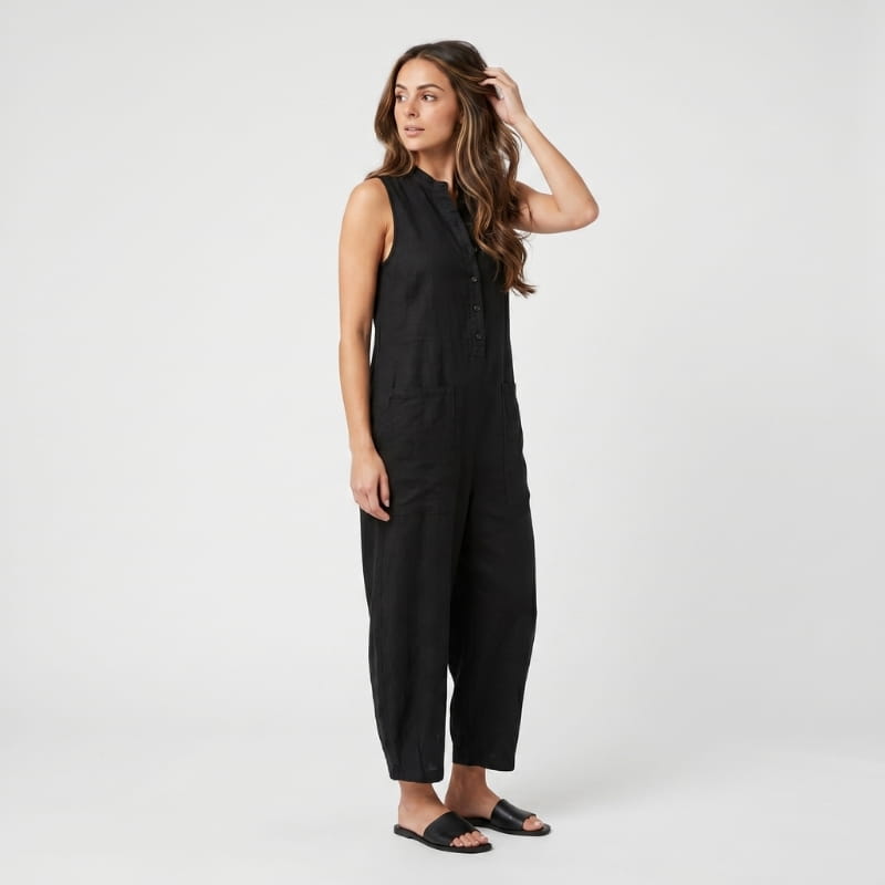 Tanya Linen Sleeveless Jumpsuit – Mandarin Collar Patch Pocket Relaxed Wide Leg Casual Outfit