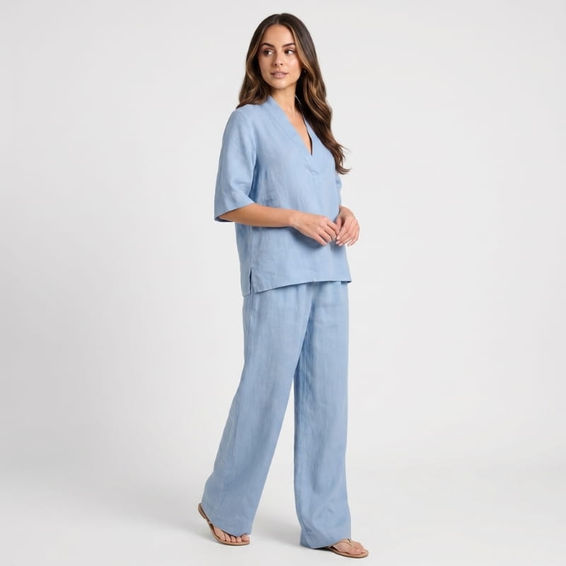 Vera Linen Co-Ord Set – V-Neck Oversized Top Wide Leg Trouser Relaxed Breathable Casual Outfit