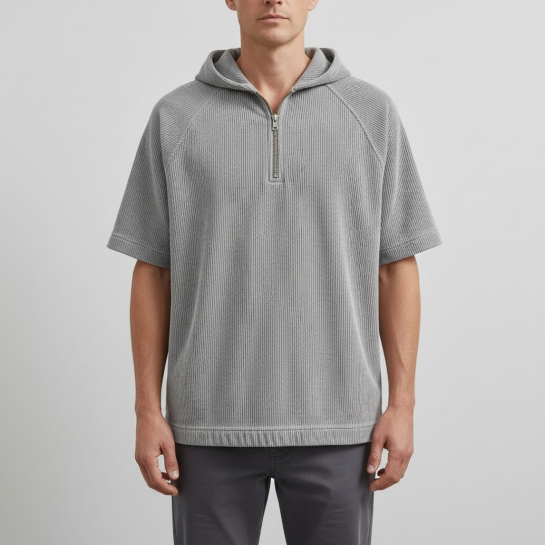 Randy Corduroy Cotton Quarter-Zip Hoodie Shirt – Oversized Relaxed Layer