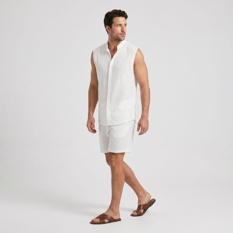 Brion Ribbed Linen Two-Piece Set – Sleeveless Vest Mandarin Collar Drawstring Shorts Outfit